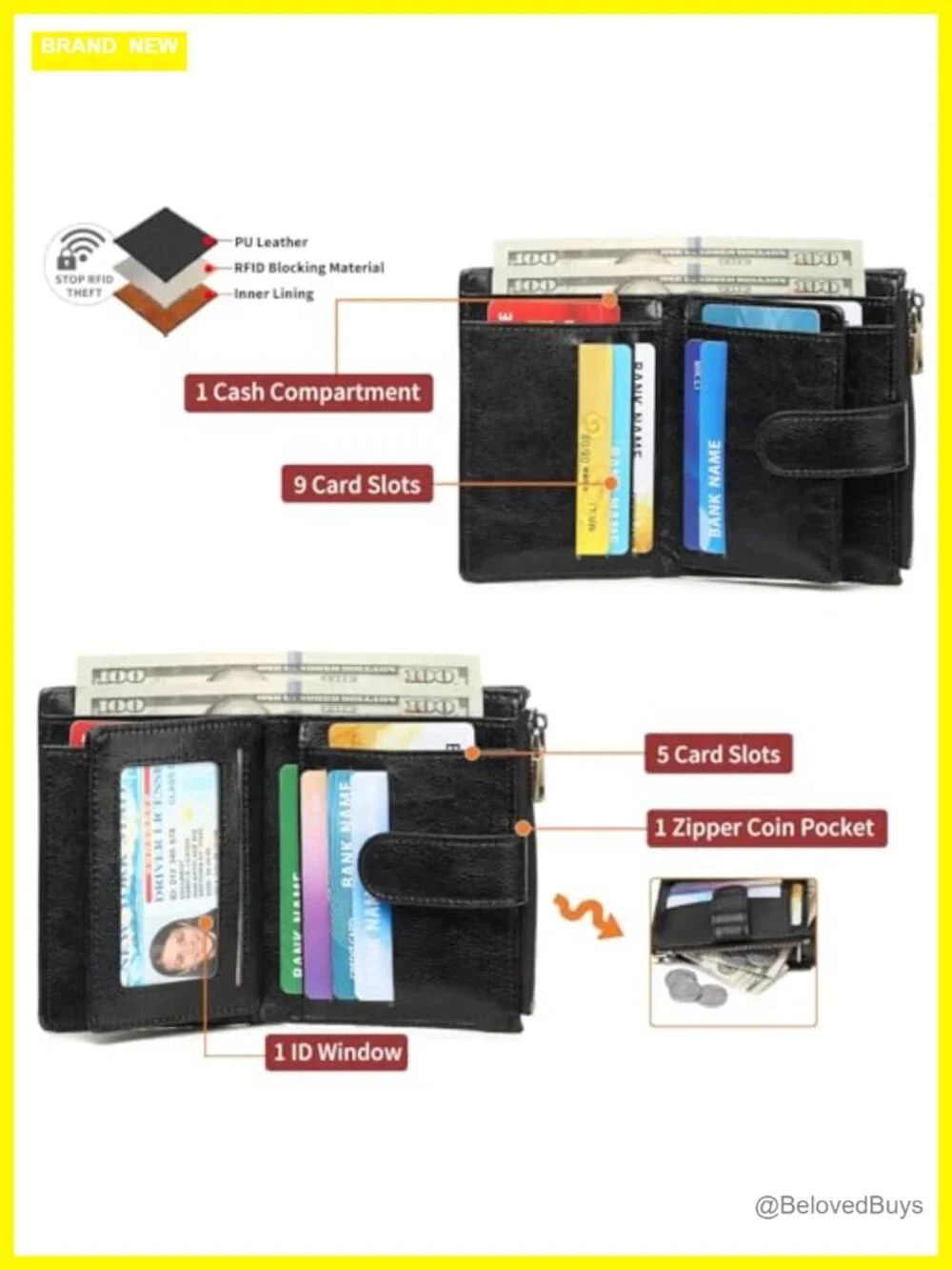 Womens Vegan Leather RFID Blocking Bifold Wallet with Zipper Pocket